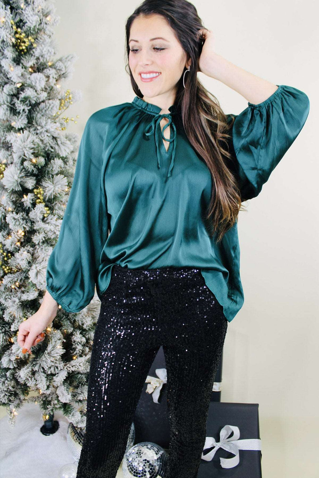 hunter green satin holiday top for women