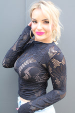 Knit Seamless Jacquard Mock Neck Long Sleeve Top | Black