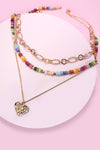 MULTI LAYERED BEADED HEART CHARM NECKLACE | 80N1243: GOLD