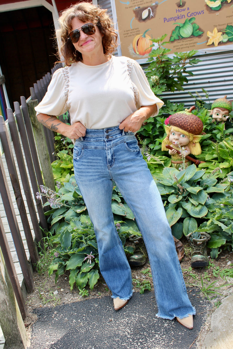 Petra High Rise Stretch Wide Leg Flare w/ Frayed Hem