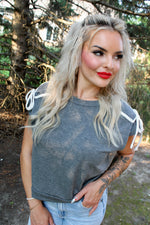 Ready Set Dolman Short Sleeve Bow French Terry Top | Charcoal