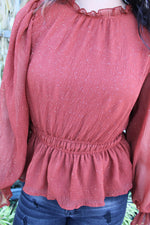 Sweet Spice Metallic Peplum Top | Rust