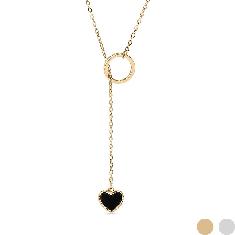 18K Gold PVD Stainless Steel Black Heart Lariat Necklace: Gold