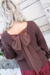 V Neck Drop Shoulder Sweater with Bow Tie Back | Brown
