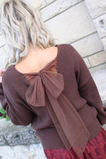 V Neck Drop Shoulder Sweater with Bow Tie Back | Brown