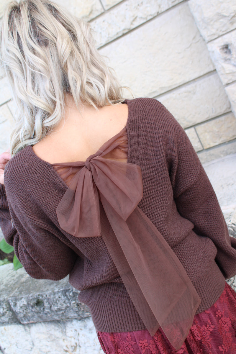 V Neck Drop Shoulder Sweater with Bow Tie Back | Brown
