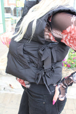 Side Bow Tie Crop Puffer Vest | Black