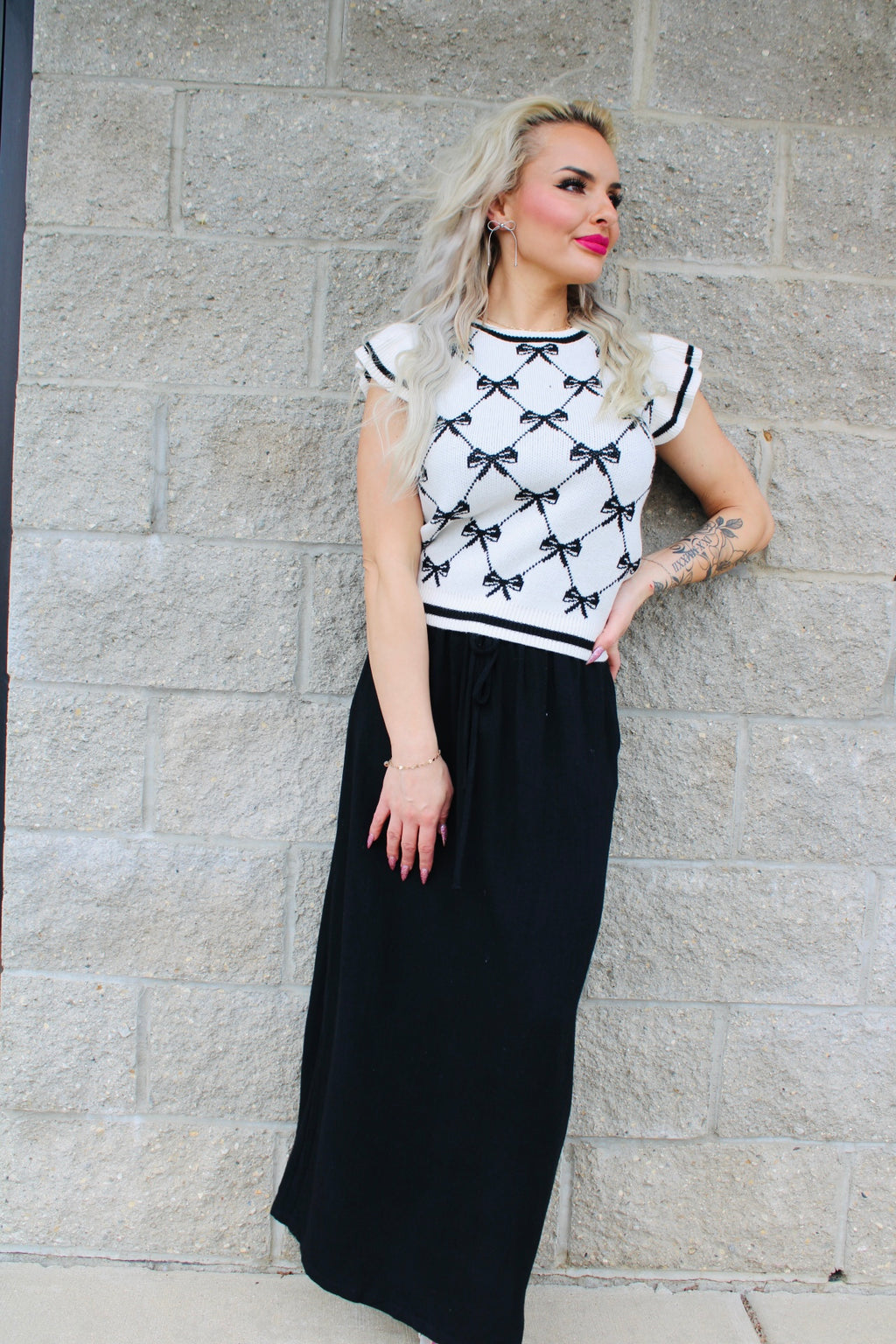 Alani Bow Pattern Ruffle Sleeve Sweater