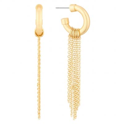 Gold Huggie Hoop with Gold Chain Tassel 2" Earring