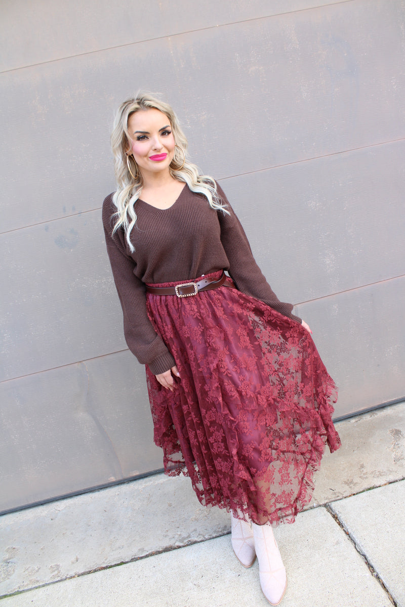 V Neck Drop Shoulder Sweater with Bow Tie Back | Brown