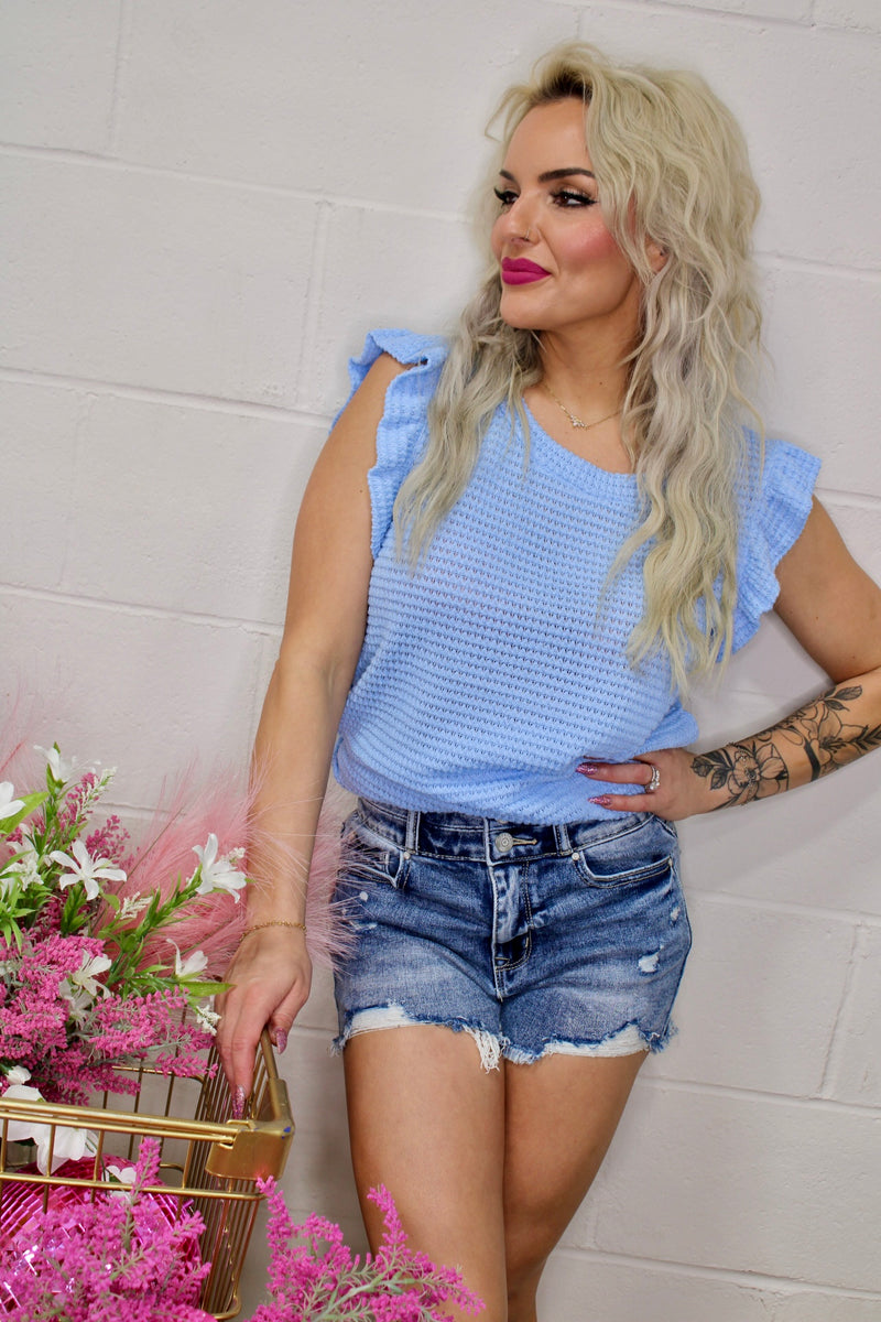 Blue Dream Waffle Knit Ruffled Sleeve Top