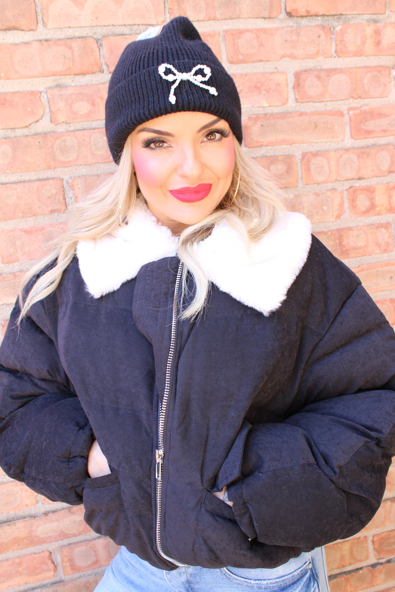 Fur Contrast Puffer Jacket | Black