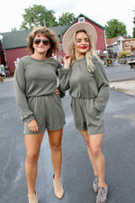 Breezy Round Neck Long Sleeve Back Tie Romper | Olive