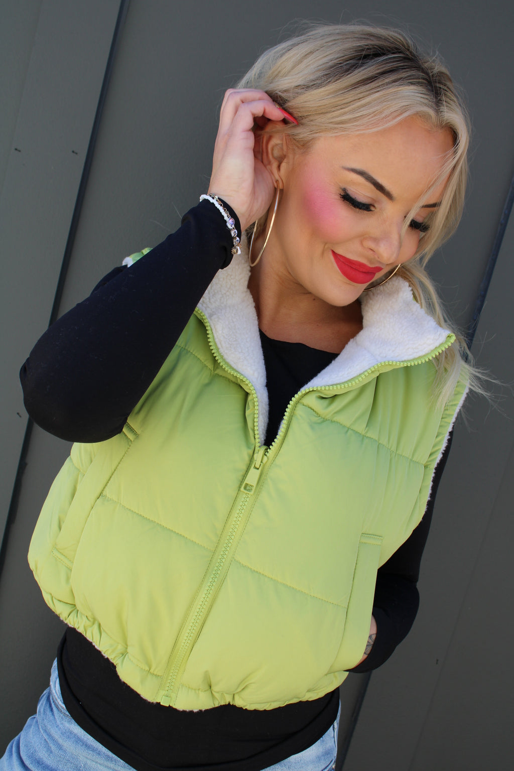 Always on Lime Cropped Teddy Lined Vest