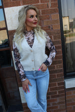 Long Sleeve Merrow Hem Floral Mesh Top | Taupe