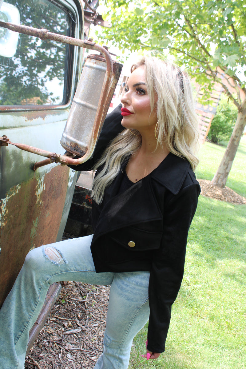 Notched Collar Open Front Faux Suede Jacket | Black