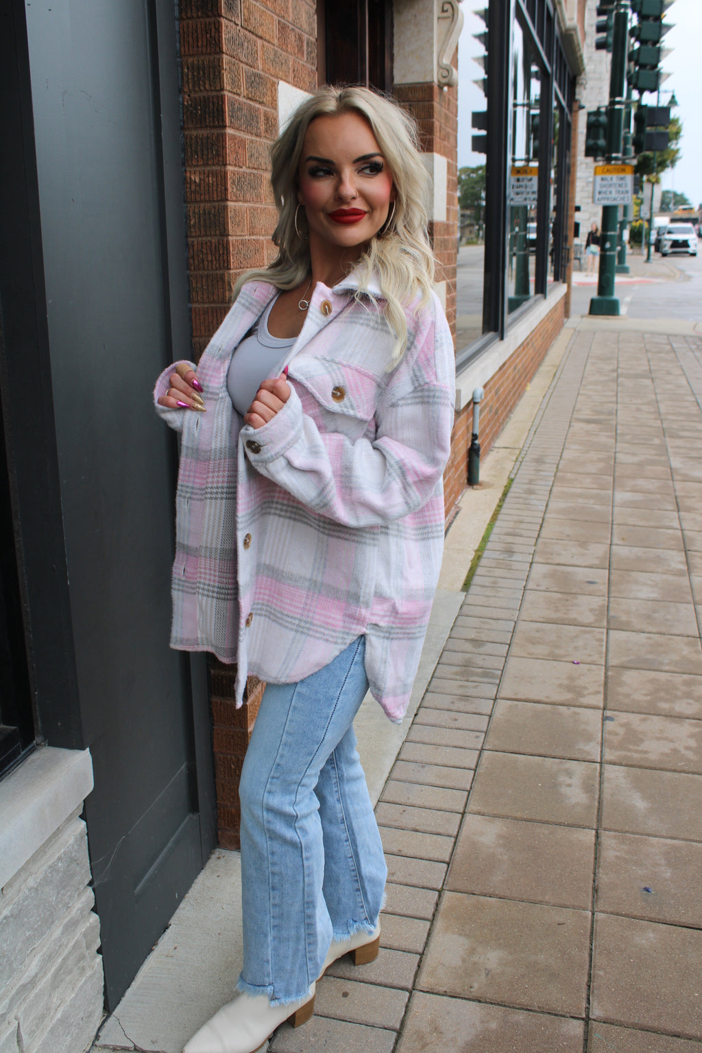 Fall Days Plaid Shacket | Gray Pink