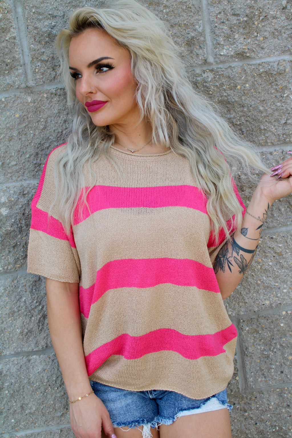 Stripe Colorblock Crewneck Sweater | Bright Pink