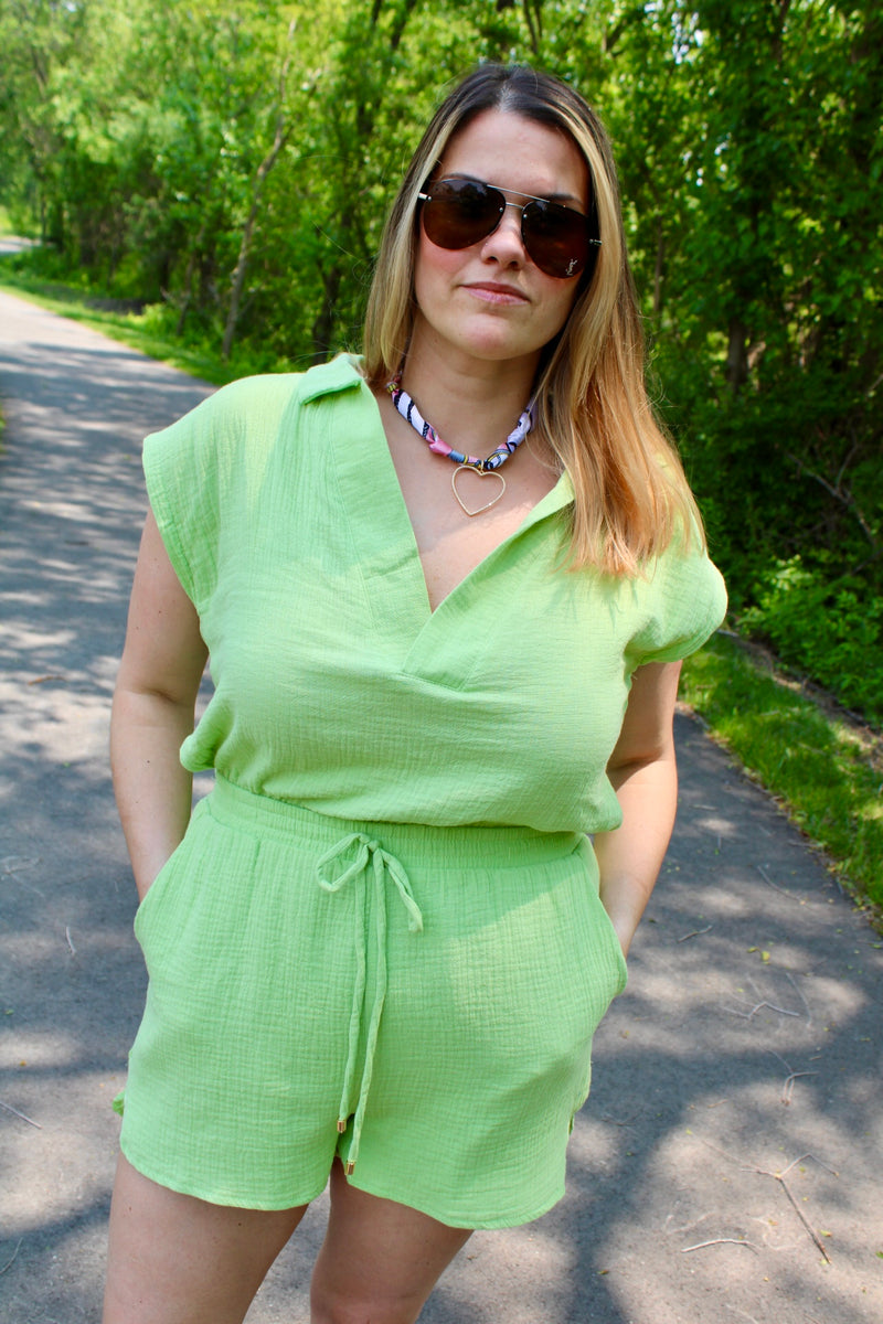 Lime Breeze Double Gauze Cutout Back Romper