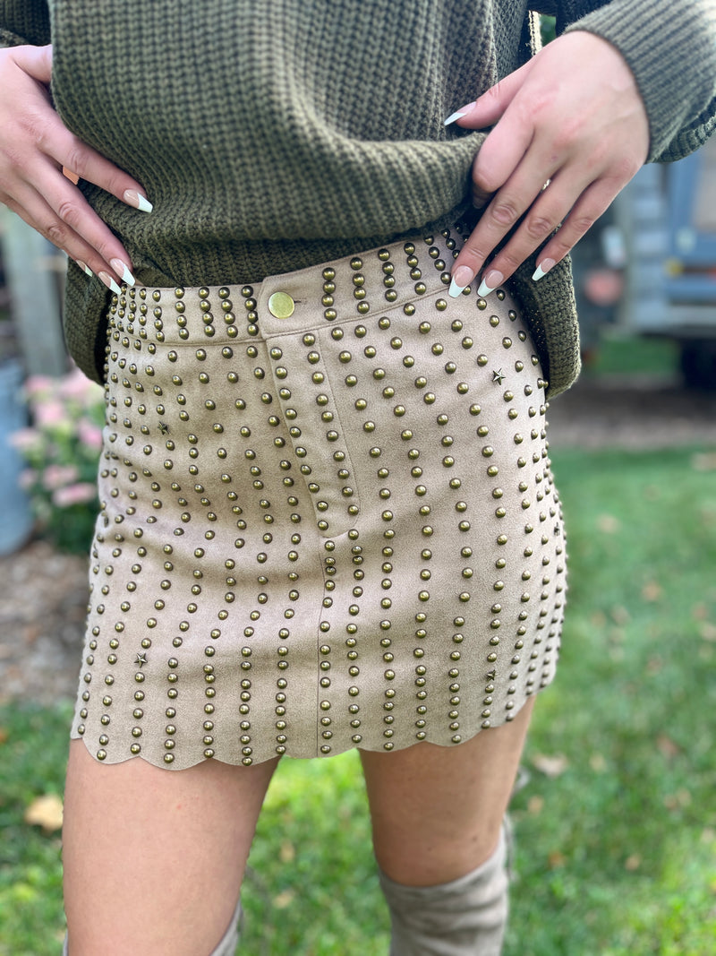 Vintage Suede Studded Mini Skirt | Taupe