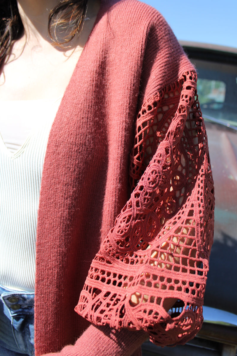 Off to the Orchard Crochet Sleeve Sweater | Brick