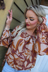 Round Neck Raglan Long Sleeve Wasit Tie Floral Print Top | Brown
