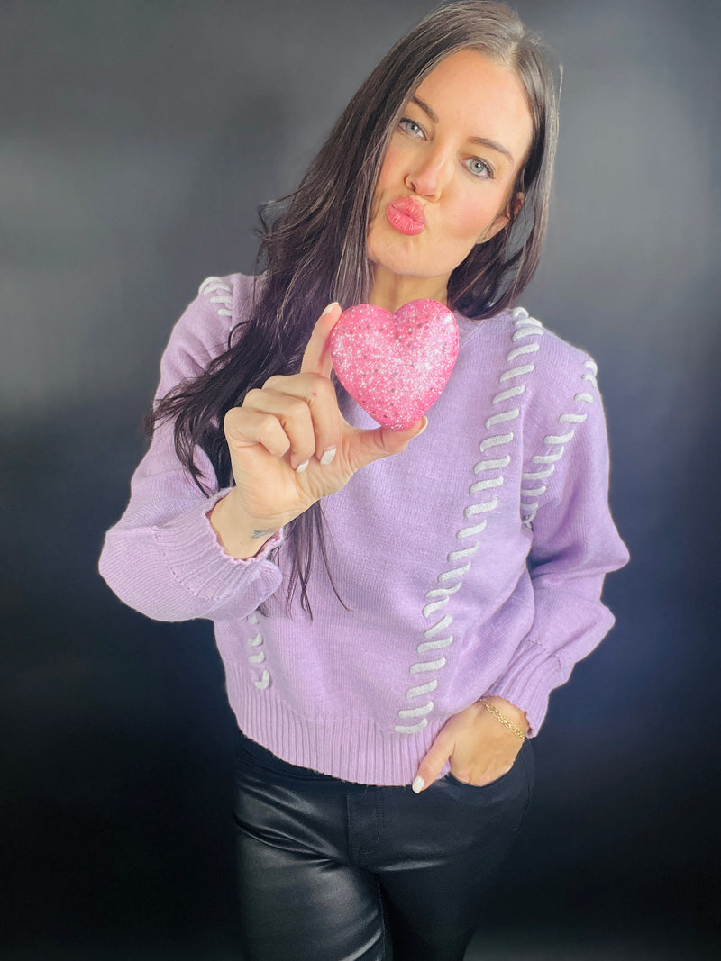 Love Me Lace Up Crewneck Sweater | Light Purple