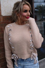 Sweet Cider Plaid Lace Up Sweater | Taupe