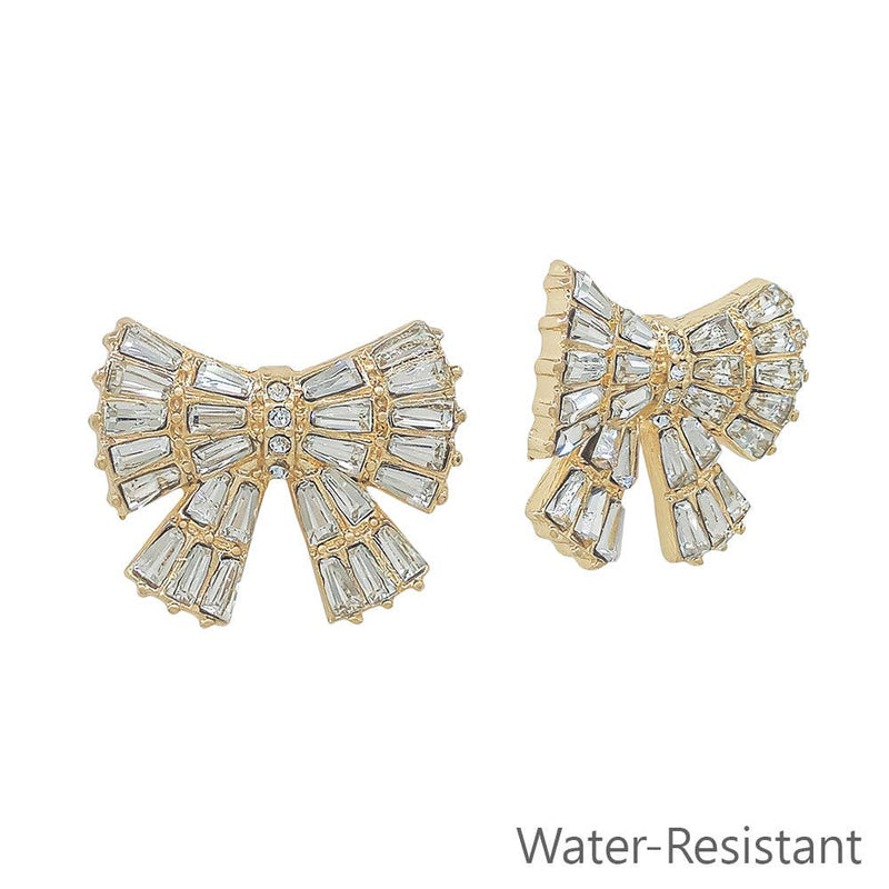 Water Resistant Rectangle Crystals on Gold Bow .75" Stud Earring