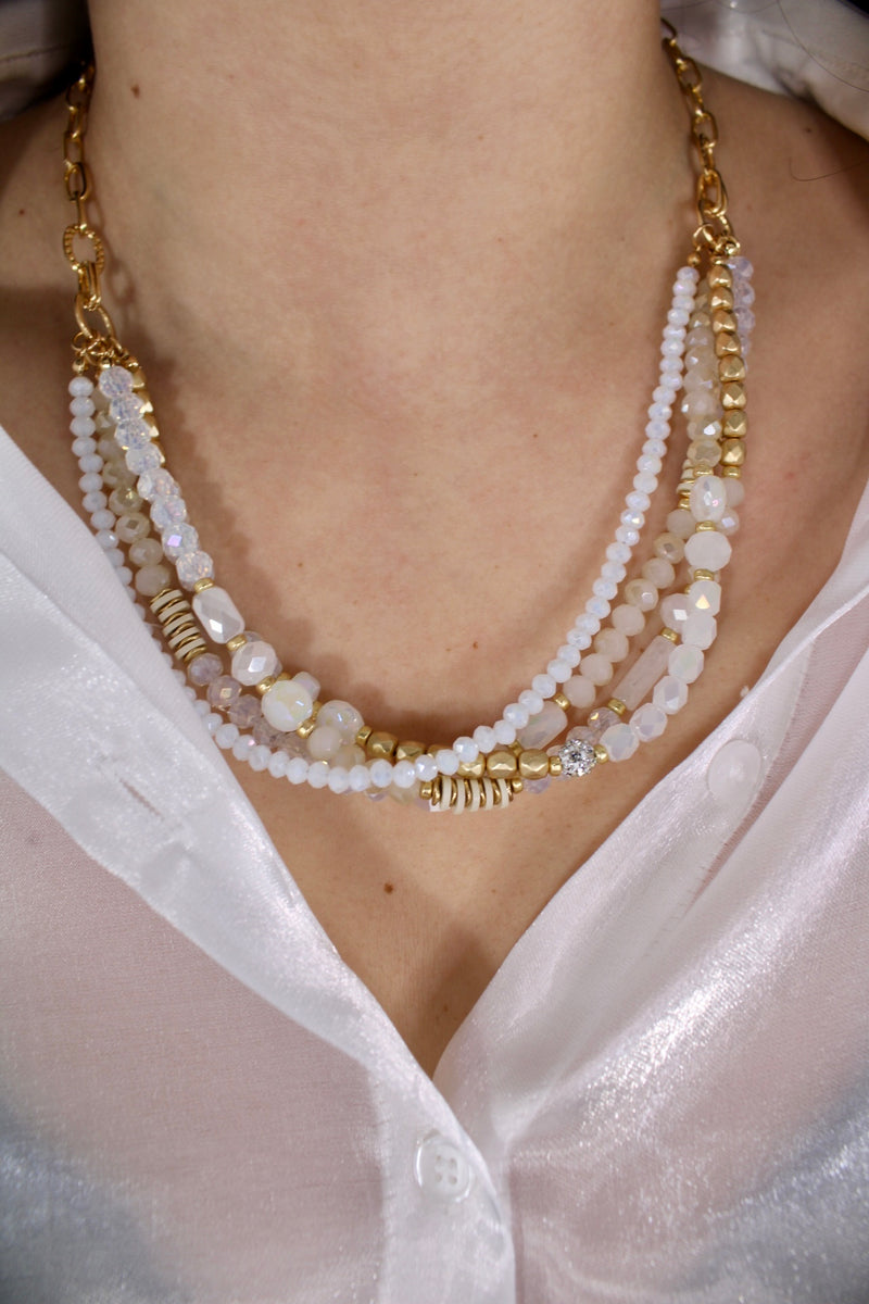 Multi-Strand Boho White Mixed Bead Necklace