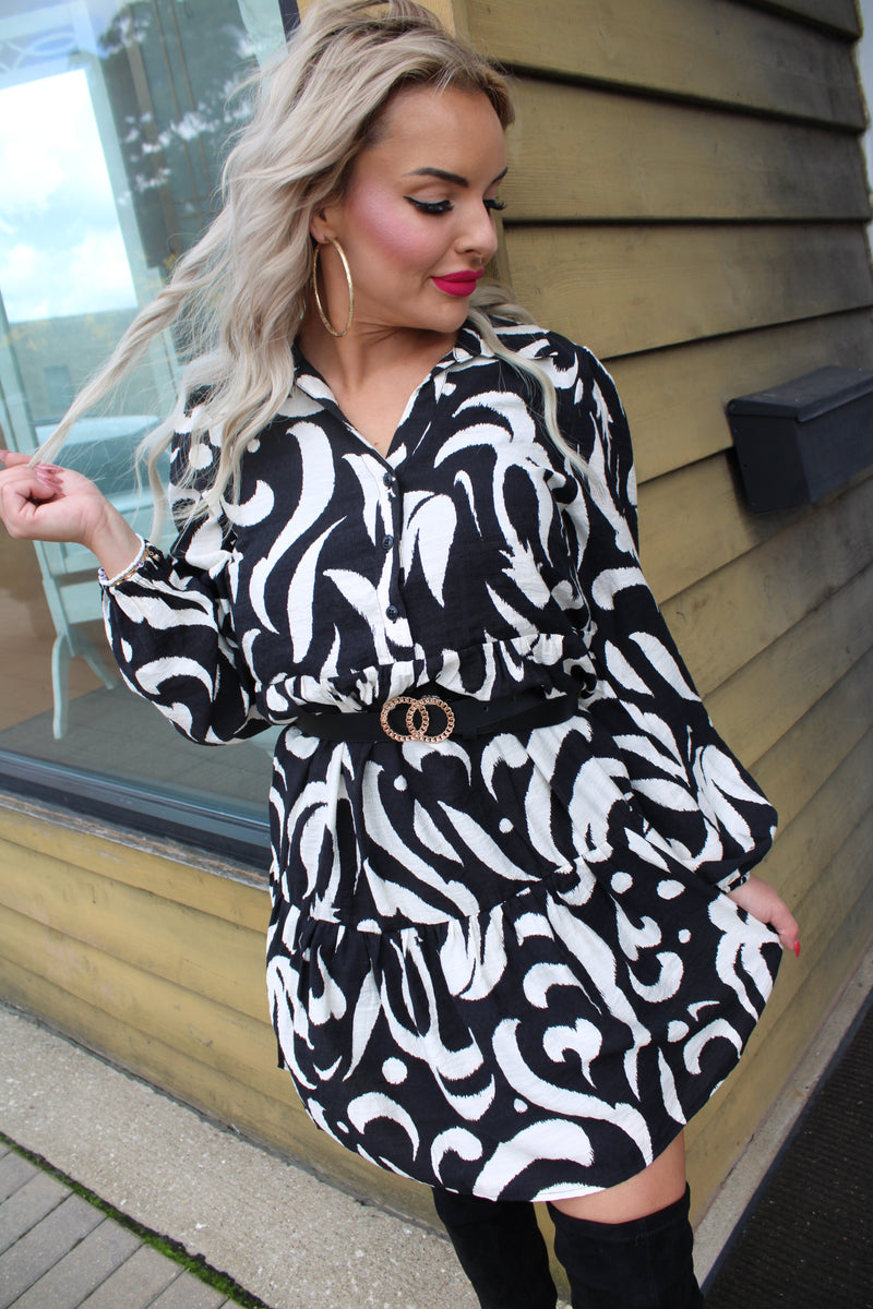 Leaf Printed Poplin Half Button Down Mini Dress