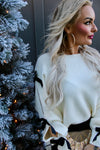 Velvet Bow Sleeve Detail Knit Sweater | Ivory