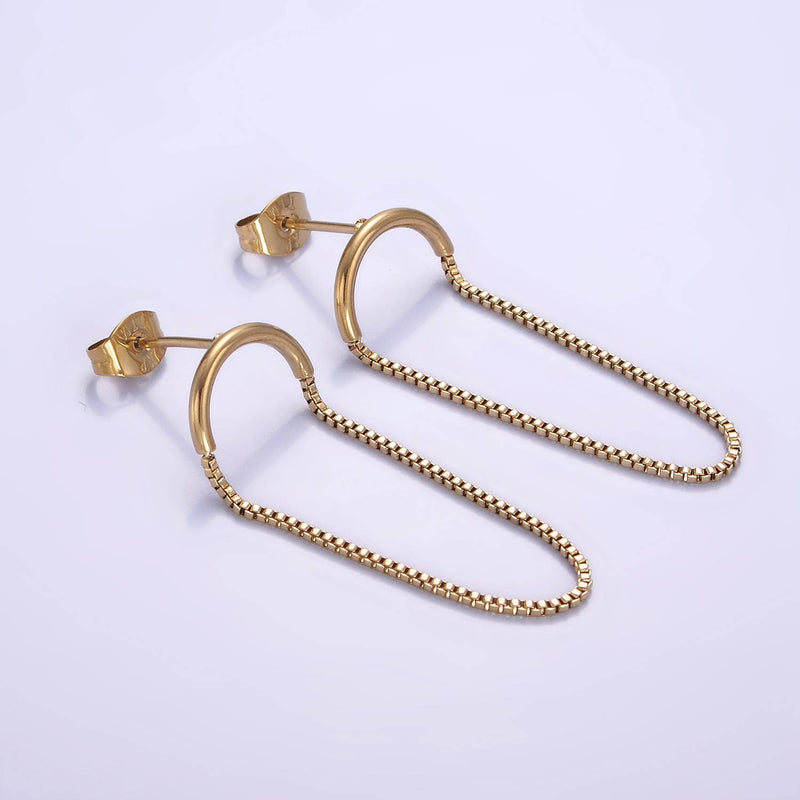 Stainless Steel Box Chain Curved Minimalist Stud Earrings