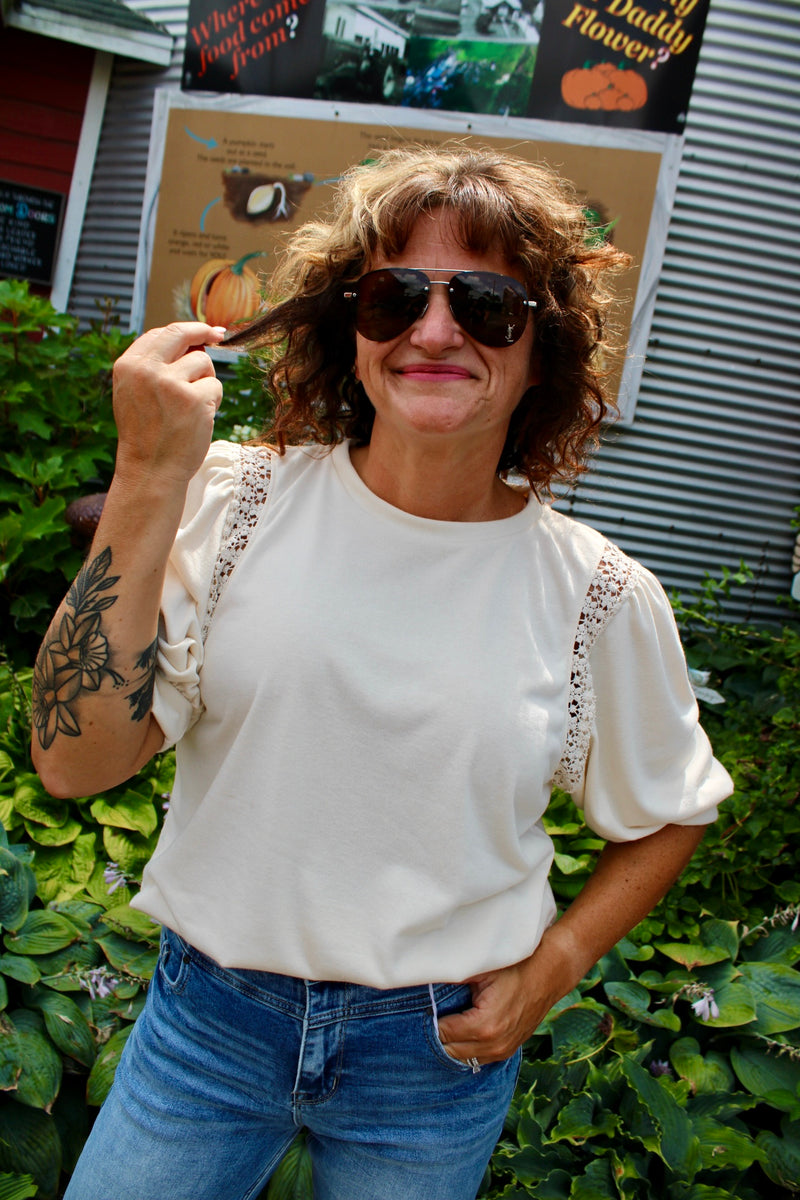 Round Neck Puff Half Sleeve Lace Trim Detail Top | Cream