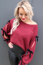 Velvet Bow Sleeve Detail Knit Sweater | Burgundy