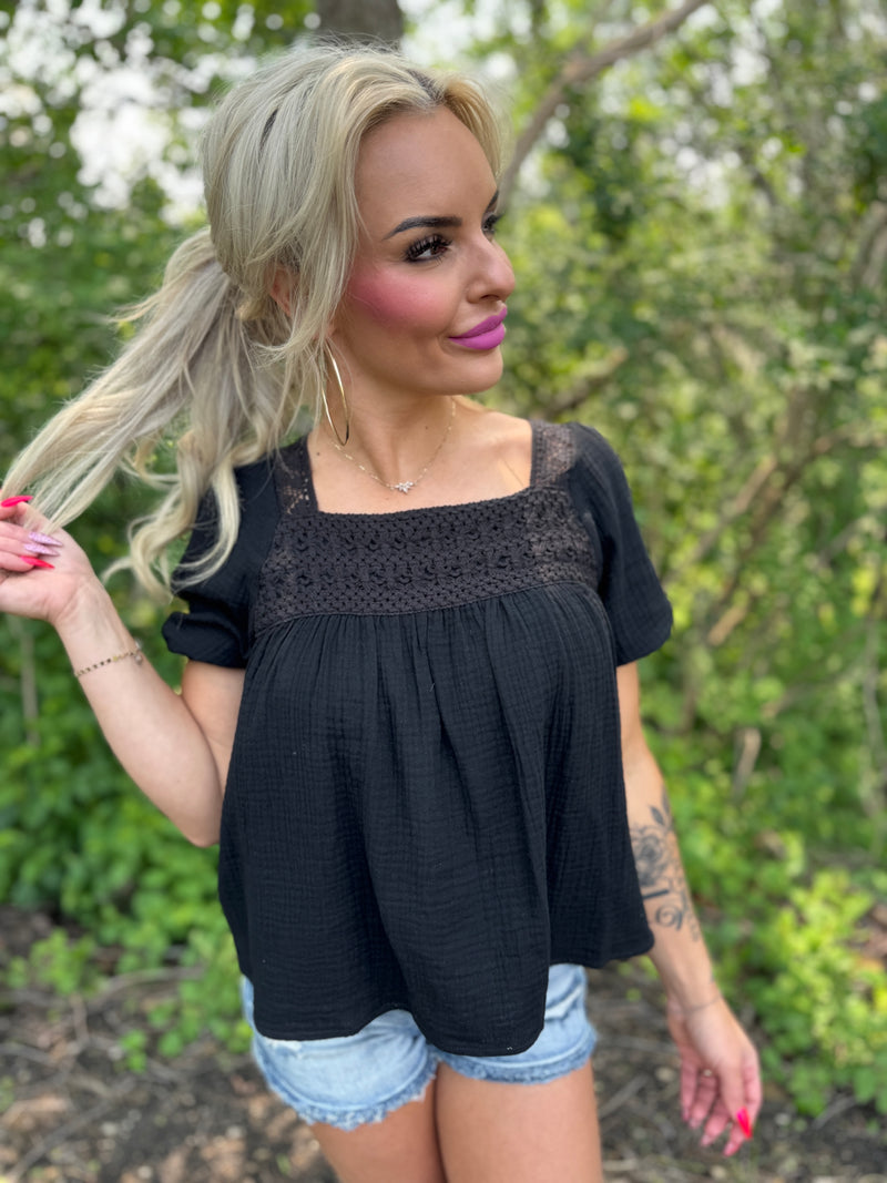 Crochet Detail Puff Sleeve Peasant Top