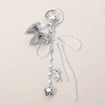Pearl Beaded Bow Metal Heart Embellished Bag Charm Keychain: Silver