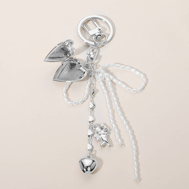 Pearl Beaded Bow Metal Heart Embellished Bag Charm Keychain: Silver