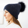 Faux Fur Pom Sparkly Ribbed Knit Winter Beanie Hat: Black