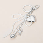 Pearl Beaded Bow Metal Heart Embellished Bag Charm Keychain: Silver