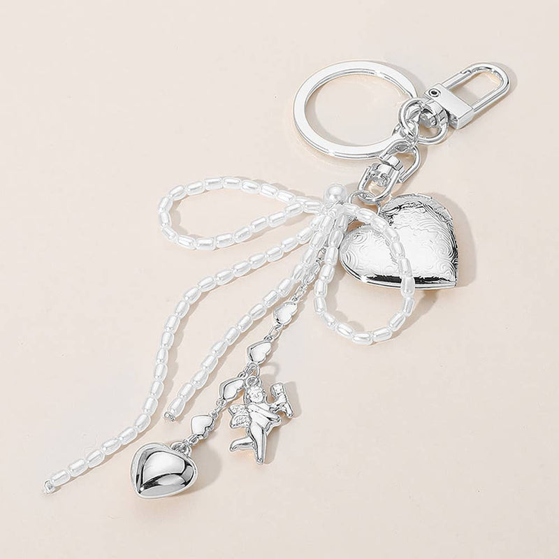 Pearl Beaded Bow Metal Heart Embellished Bag Charm Keychain: Silver