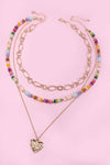 MULTI LAYERED BEADED HEART CHARM NECKLACE | 80N1243: GOLD