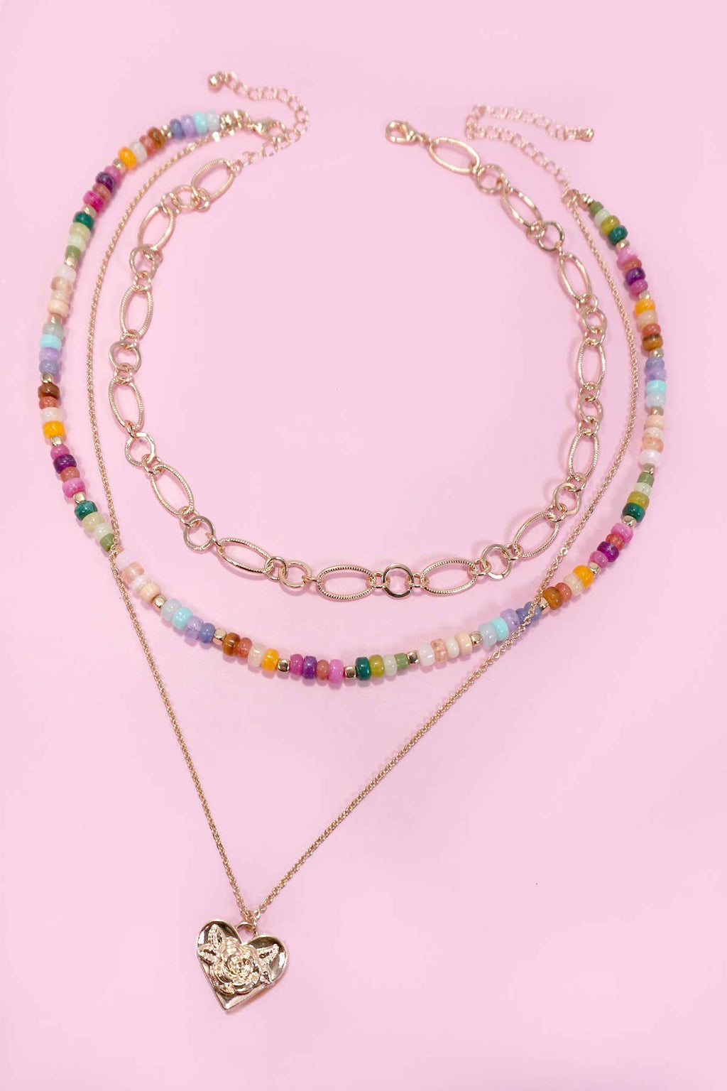 MULTI LAYERED BEADED HEART CHARM NECKLACE | 80N1243: GOLD