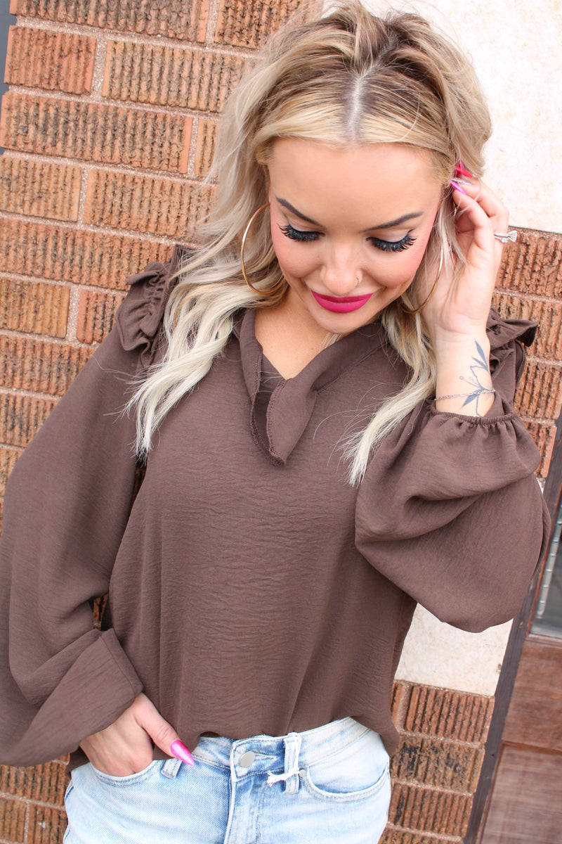 Ruffle Shoulder V-Neck Blouse | Brown