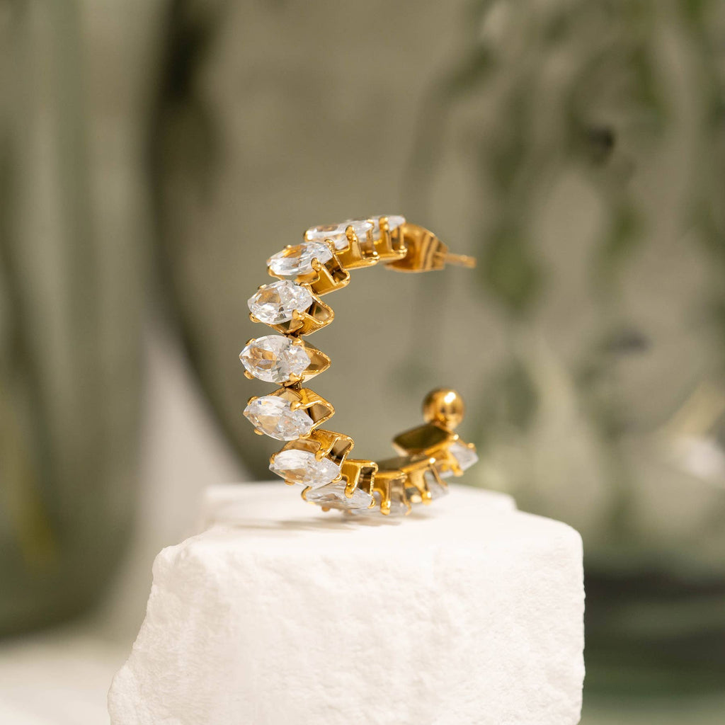 18K Gold PVD Stainless Steel Marquis CZ Stone Hoop Earrings: Gold