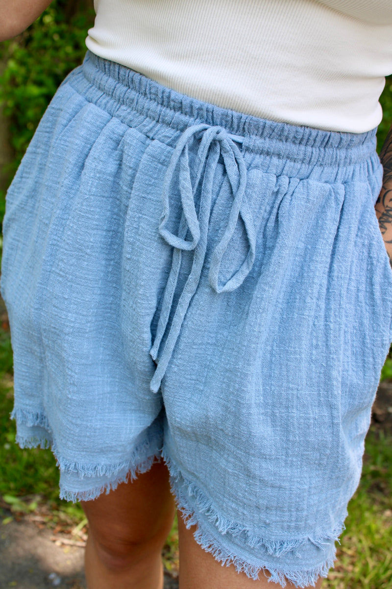 Drawstring Waist Frayed Hem Short | Denim Blue