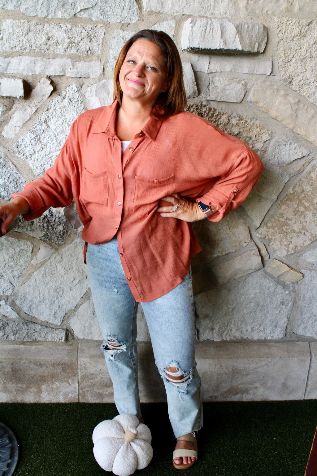 Fall Things Long Sleeve Pocketed Top | Rust