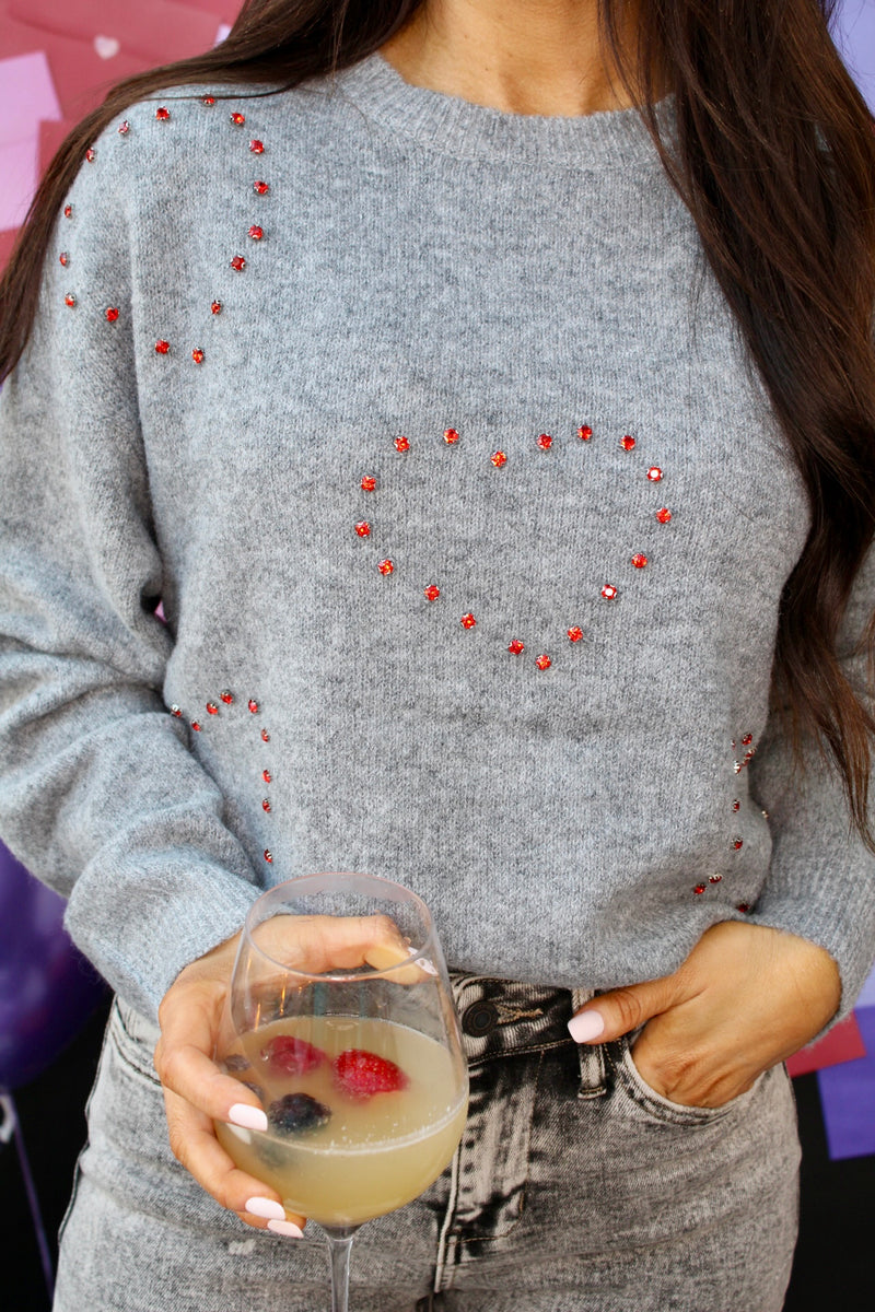 Red Hot Rhinestone Heart Sweater | Gray