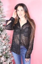 Restocked: Holiday Shine Sequin Sheer Button Down Blouse | Black