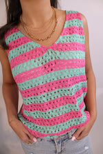 Striped Open Knit Sweater Tank | Mint Pink